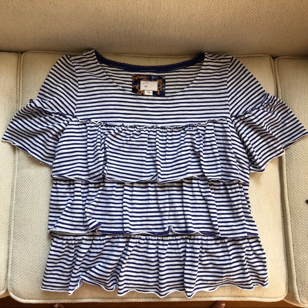 Anthropologie Blue and White Striped Ruffle Top